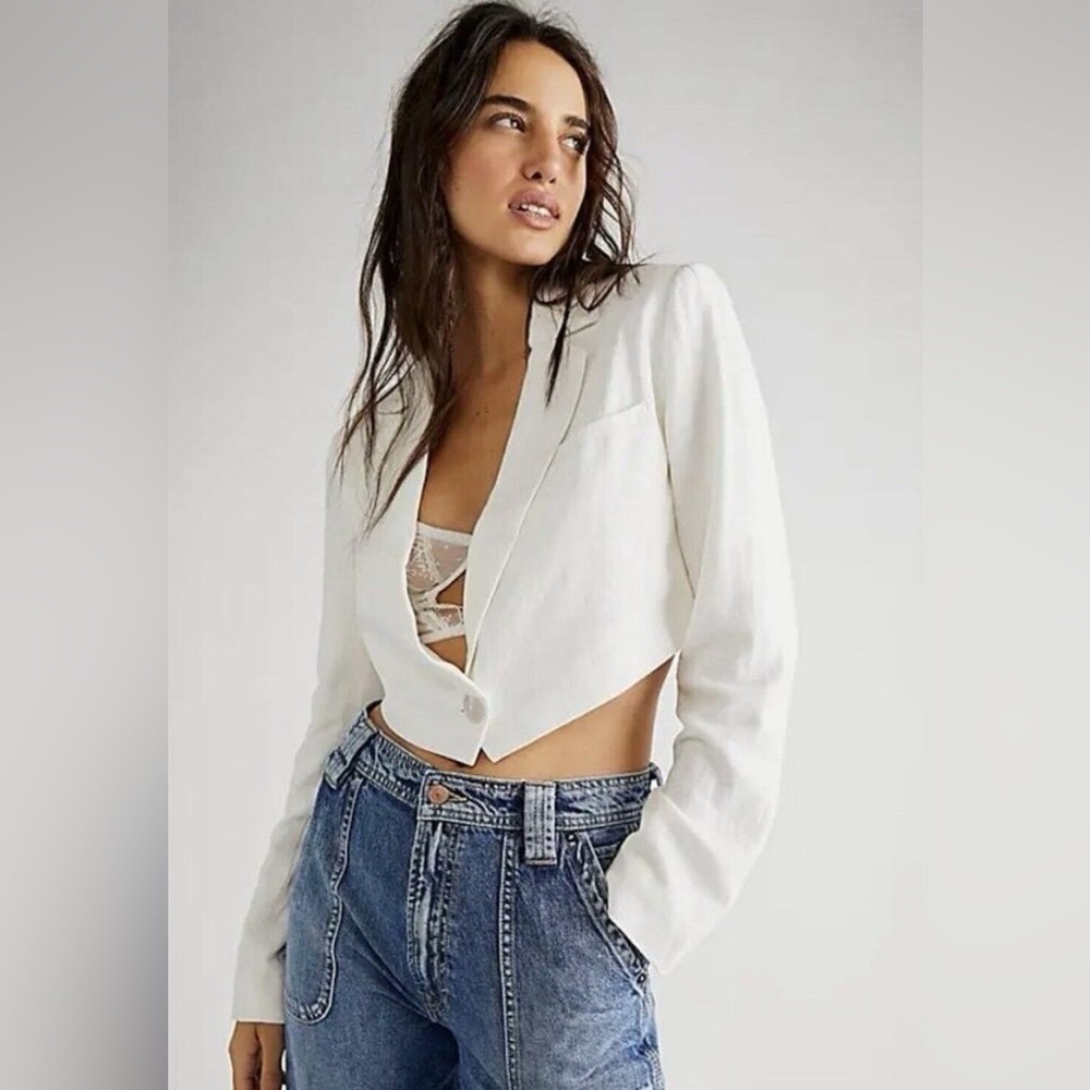 Free People Blazer Womens Extra Small White Linen Coco‎ Cropped One Button